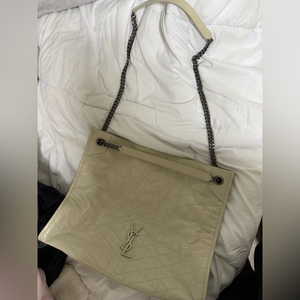 Yves Saint Laurent Cream Quilted Leather Tote with Chain Strap